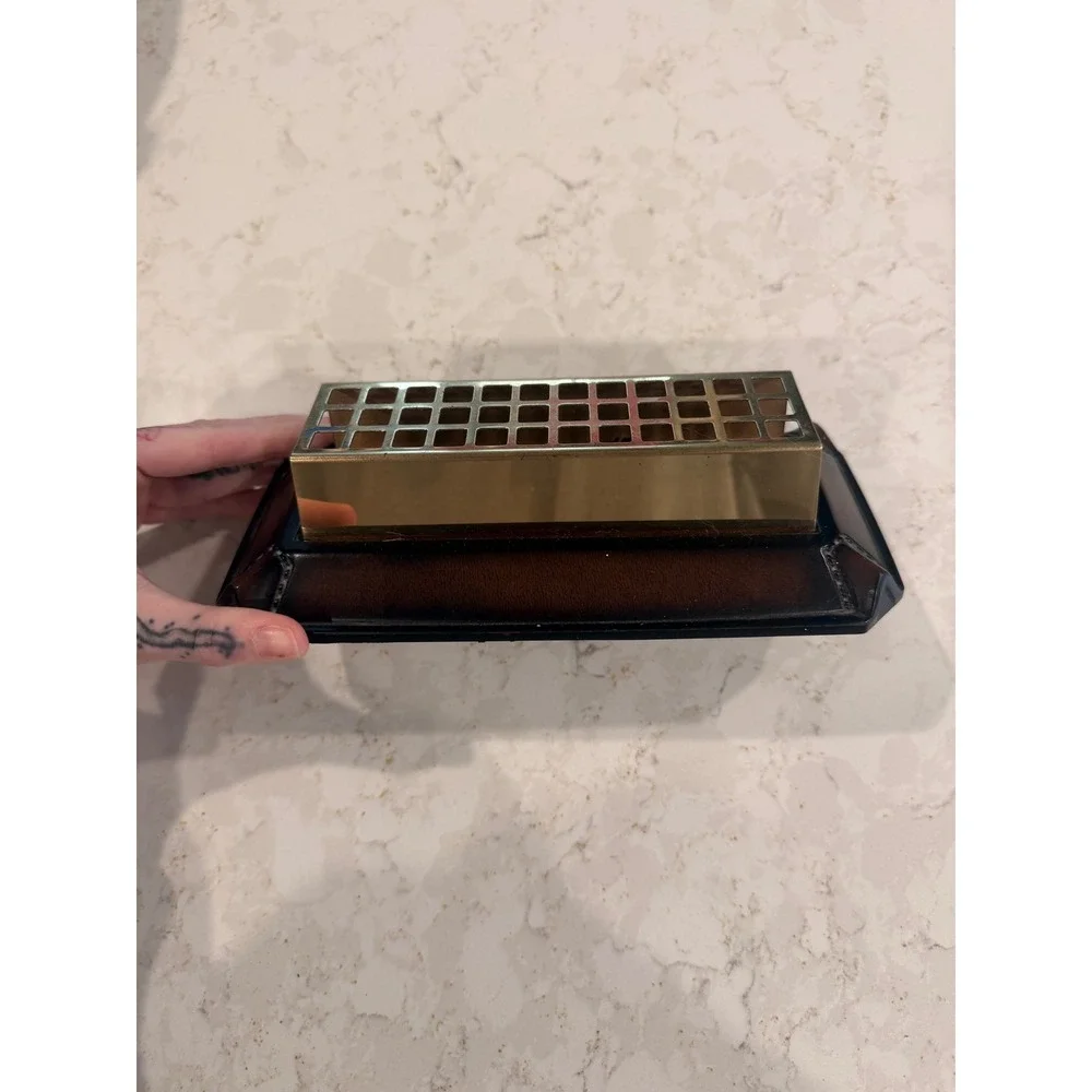Vintage Matina Decor Products‎ Retro Desk Brass Grid Brown Base MCM Industrial